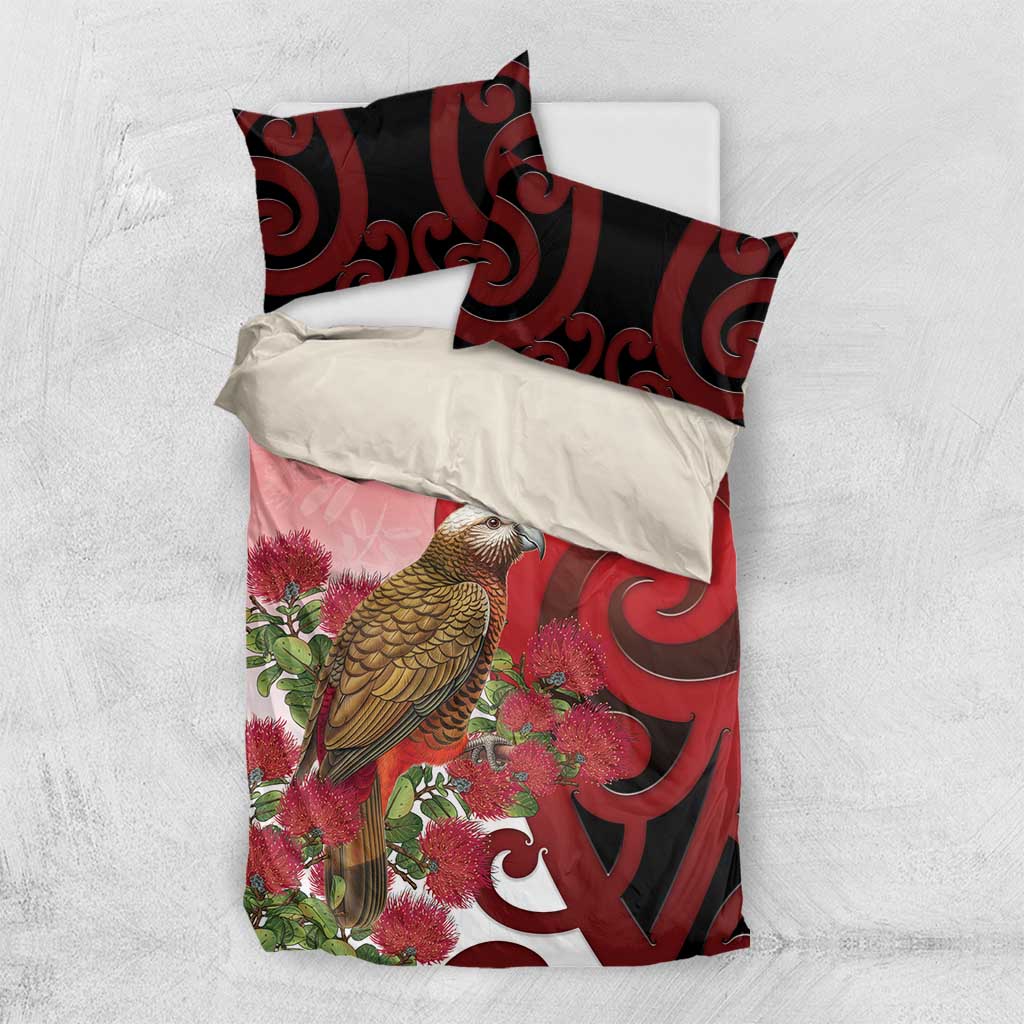 New Zealand Parrot Kaka Bedding Set Maori Koru With Pohutukawa Flowers - Aussie Hoodie