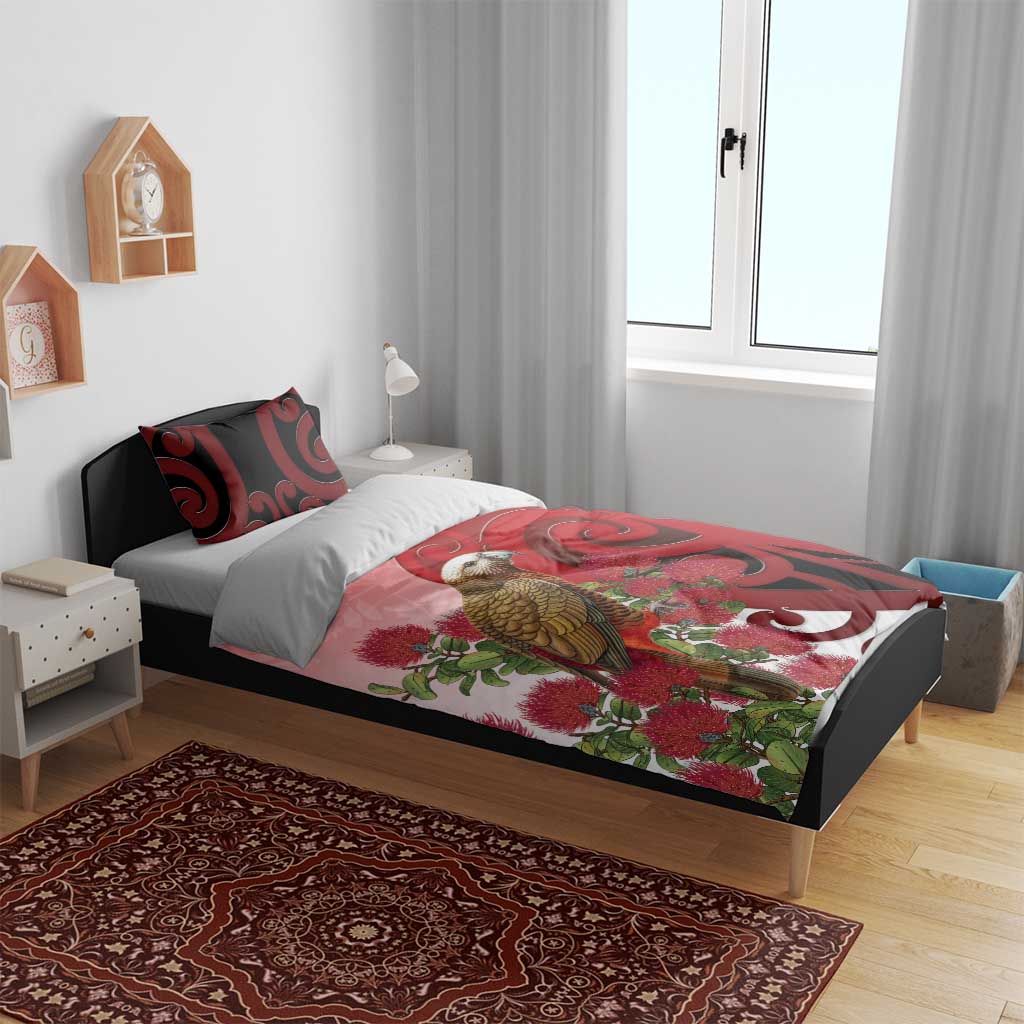 New Zealand Parrot Kaka Bedding Set Maori Koru With Pohutukawa Flowers - Aussie Hoodie