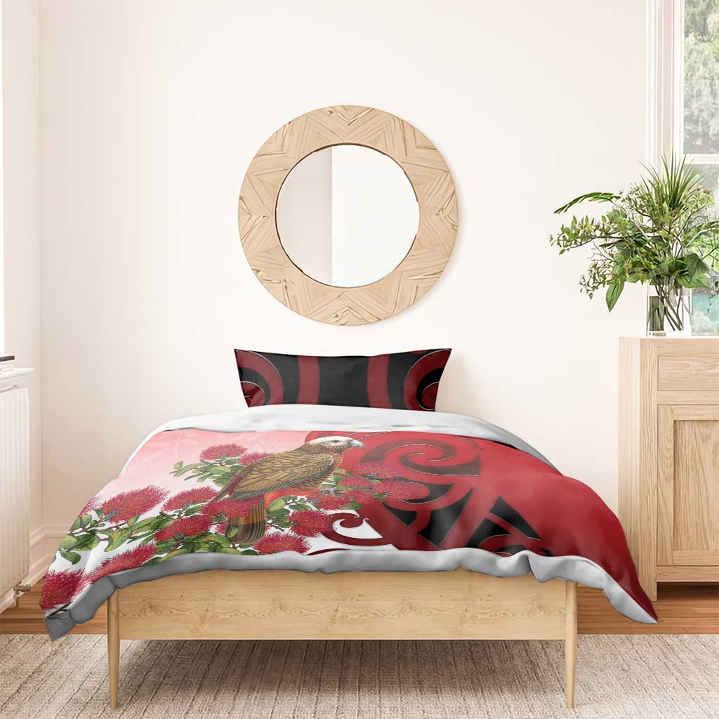 New Zealand Parrot Kaka Bedding Set Maori Koru With Pohutukawa Flowers - Aussie Hoodie