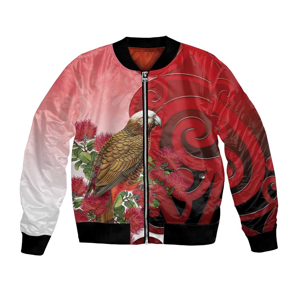 New Zealand Parrot Kaka Bomber Jacket Maori Koru With Pohutukawa Flowers - Aussie Hoodie