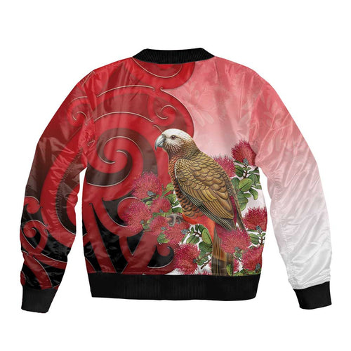 New Zealand Parrot Kaka Bomber Jacket Maori Koru With Pohutukawa Flowers - Aussie Hoodie