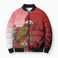 New Zealand Parrot Kaka Bomber Puffer Jacket Maori Koru With Pohutukawa Flowers - Aussie Hoodie