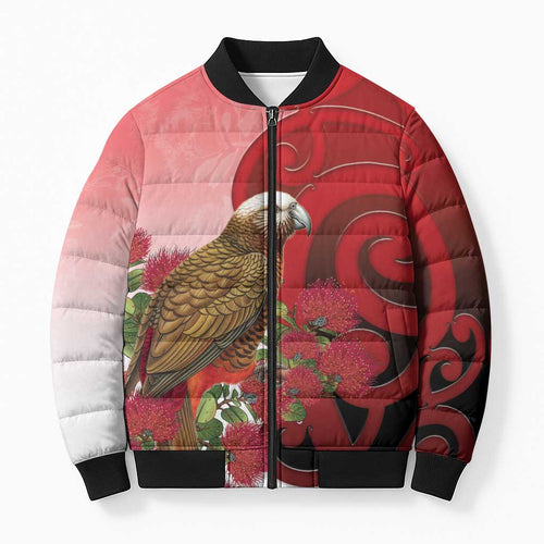 New Zealand Parrot Kaka Bomber Puffer Jacket Maori Koru With Pohutukawa Flowers - Aussie Hoodie