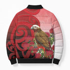 New Zealand Parrot Kaka Bomber Puffer Jacket Maori Koru With Pohutukawa Flowers - Aussie Hoodie