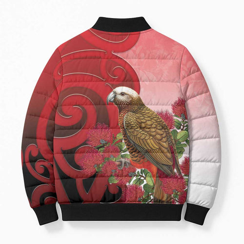 New Zealand Parrot Kaka Bomber Puffer Jacket Maori Koru With Pohutukawa Flowers - Aussie Hoodie