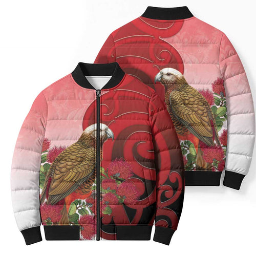 New Zealand Parrot Kaka Bomber Puffer Jacket Maori Koru With Pohutukawa Flowers - Aussie Hoodie