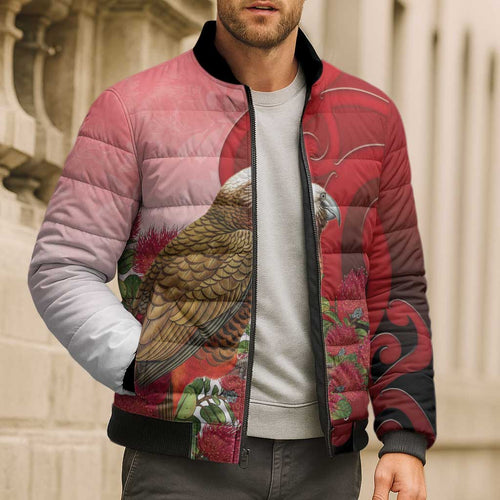 New Zealand Parrot Kaka Bomber Puffer Jacket Maori Koru With Pohutukawa Flowers - Aussie Hoodie