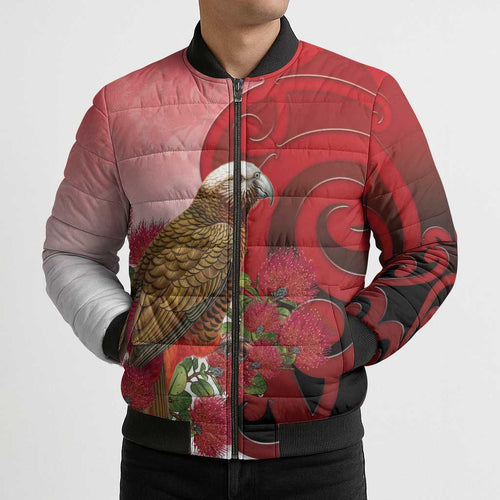 New Zealand Parrot Kaka Bomber Puffer Jacket Maori Koru With Pohutukawa Flowers - Aussie Hoodie
