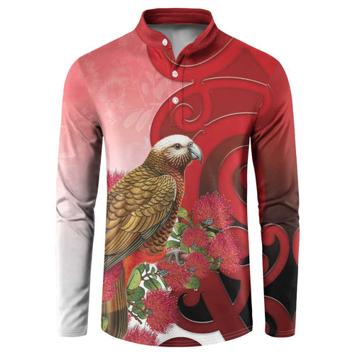 New Zealand Parrot Kaka Button Sweatshirt Maori Koru With Pohutukawa Flowers - Aussie Hoodie