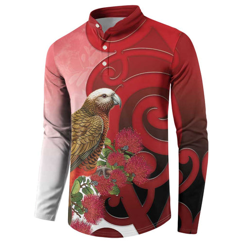 New Zealand Parrot Kaka Button Sweatshirt Maori Koru With Pohutukawa Flowers - Aussie Hoodie