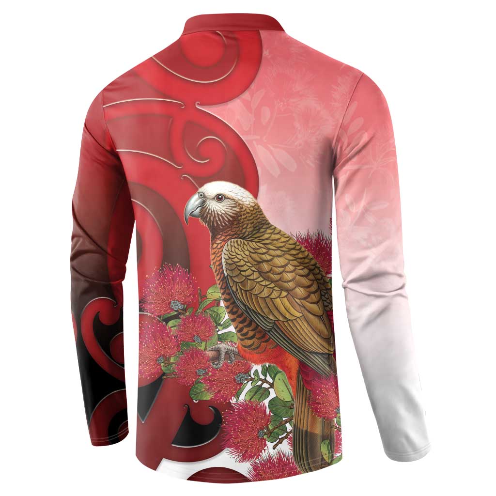 New Zealand Parrot Kaka Button Sweatshirt Maori Koru With Pohutukawa Flowers - Aussie Hoodie