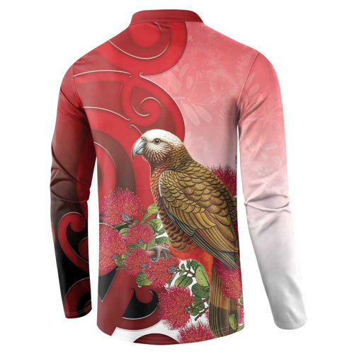 New Zealand Parrot Kaka Button Sweatshirt Maori Koru With Pohutukawa Flowers - Aussie Hoodie