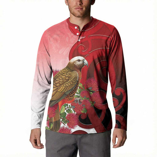New Zealand Parrot Kaka Button Sweatshirt Maori Koru With Pohutukawa Flowers - Aussie Hoodie