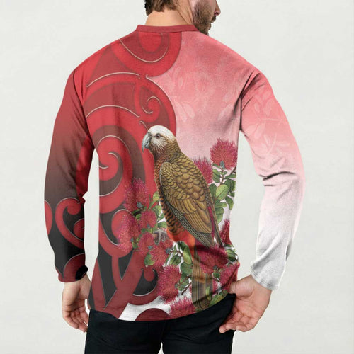 New Zealand Parrot Kaka Button Sweatshirt Maori Koru With Pohutukawa Flowers - Aussie Hoodie