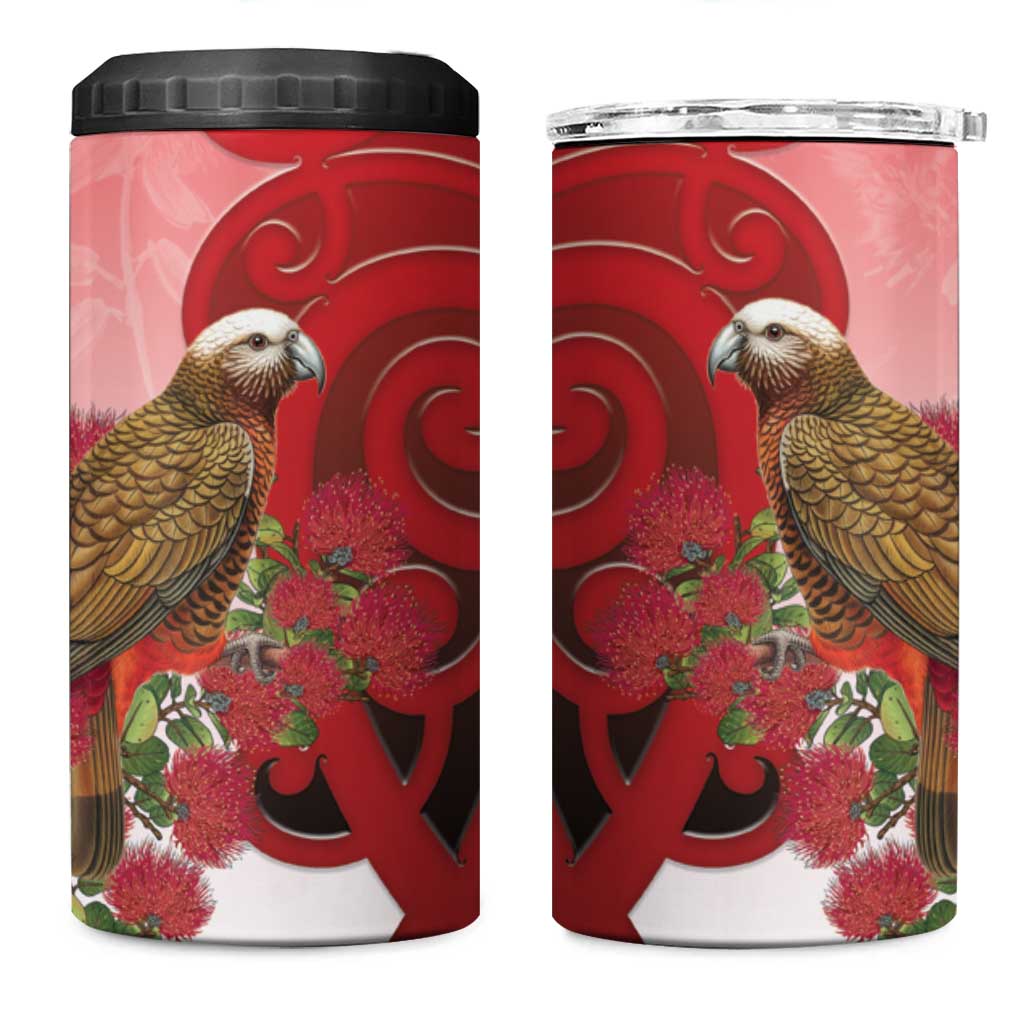 New Zealand Parrot Kaka 4 in 1 Can Cooler Tumbler Maori Koru With Pohutukawa Flowers - Aussie Hoodie