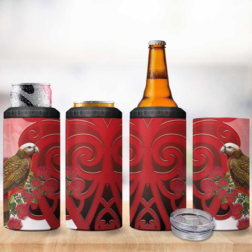 New Zealand Parrot Kaka 4 in 1 Can Cooler Tumbler Maori Koru With Pohutukawa Flowers - Aussie Hoodie