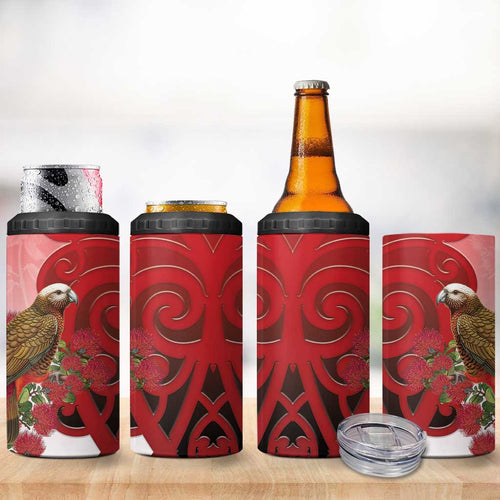 New Zealand Parrot Kaka 4 in 1 Can Cooler Tumbler Maori Koru With Pohutukawa Flowers - Aussie Hoodie
