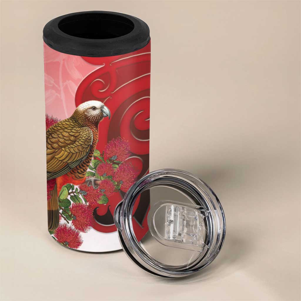New Zealand Parrot Kaka 4 in 1 Can Cooler Tumbler Maori Koru With Pohutukawa Flowers - Aussie Hoodie
