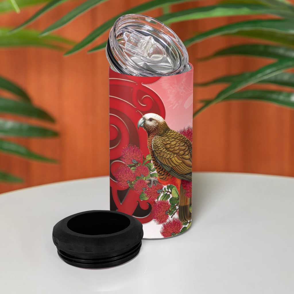 New Zealand Parrot Kaka 4 in 1 Can Cooler Tumbler Maori Koru With Pohutukawa Flowers - Aussie Hoodie