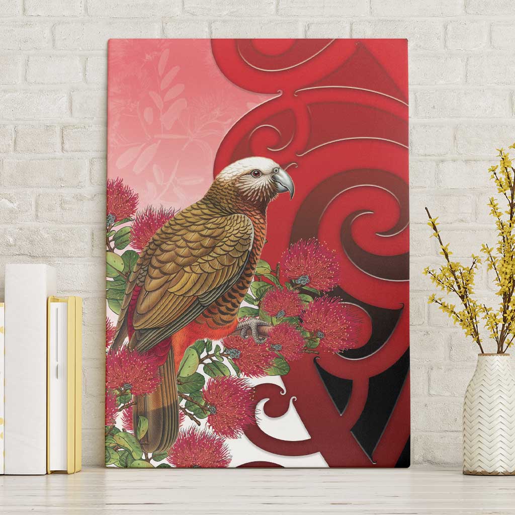 New Zealand Parrot Kaka Canvas Wall Art Maori Koru With Pohutukawa Flowers - Aussie Hoodie