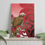 New Zealand Parrot Kaka Canvas Wall Art Maori Koru With Pohutukawa Flowers - Aussie Hoodie