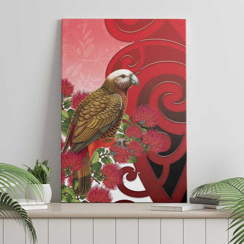 New Zealand Parrot Kaka Canvas Wall Art Maori Koru With Pohutukawa Flowers - Aussie Hoodie