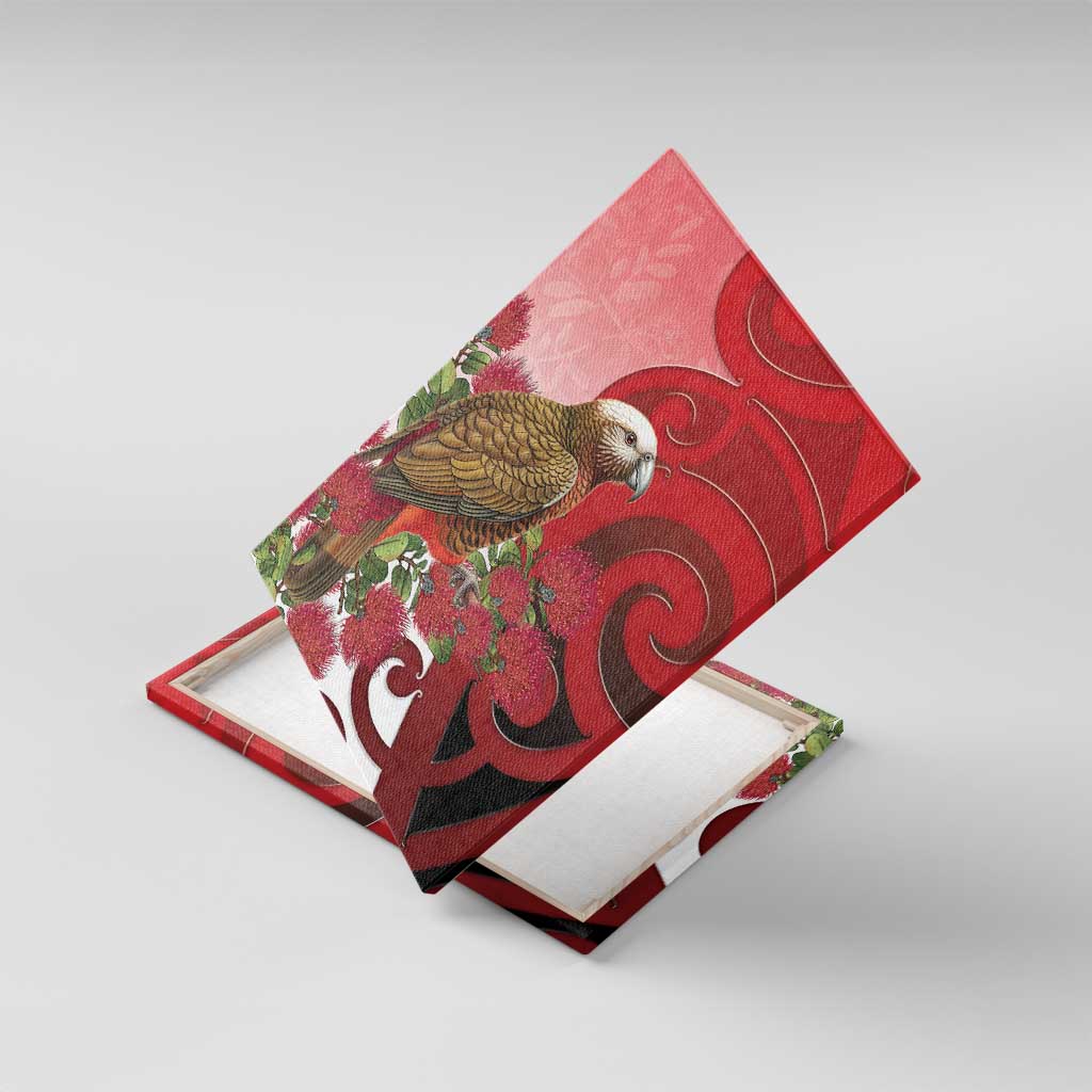 New Zealand Parrot Kaka Canvas Wall Art Maori Koru With Pohutukawa Flowers - Aussie Hoodie