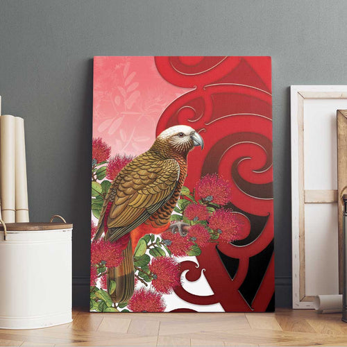 New Zealand Parrot Kaka Canvas Wall Art Maori Koru With Pohutukawa Flowers - Aussie Hoodie