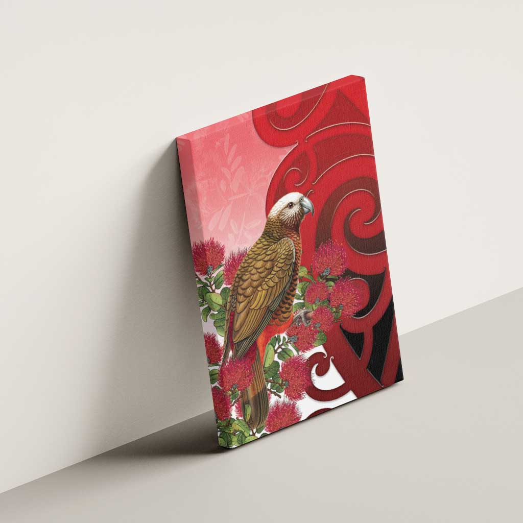 New Zealand Parrot Kaka Canvas Wall Art Maori Koru With Pohutukawa Flowers - Aussie Hoodie