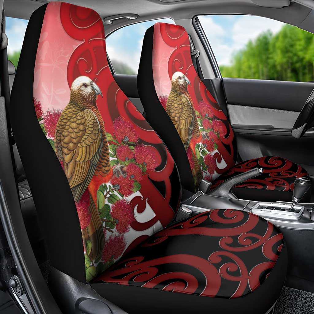 New Zealand Parrot Kaka Car Seat Cover Maori Koru With Pohutukawa Flowers - Aussie Hoodie