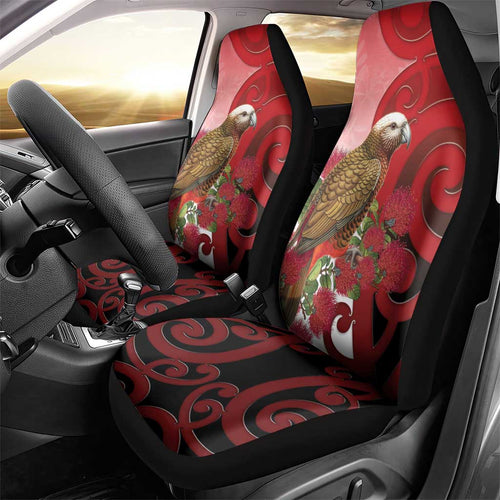 New Zealand Parrot Kaka Car Seat Cover Maori Koru With Pohutukawa Flowers - Aussie Hoodie