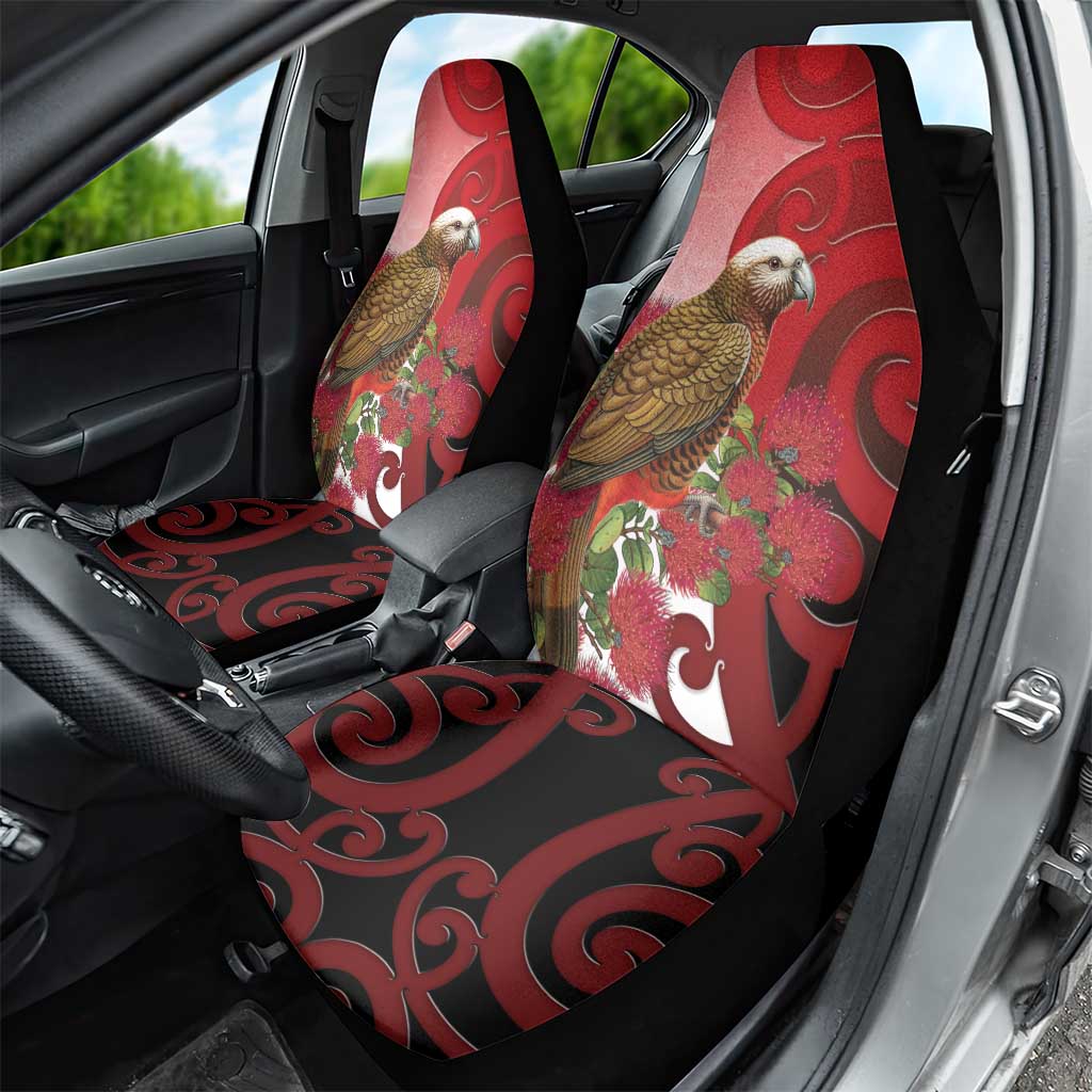 New Zealand Parrot Kaka Car Seat Cover Maori Koru With Pohutukawa Flowers - Aussie Hoodie