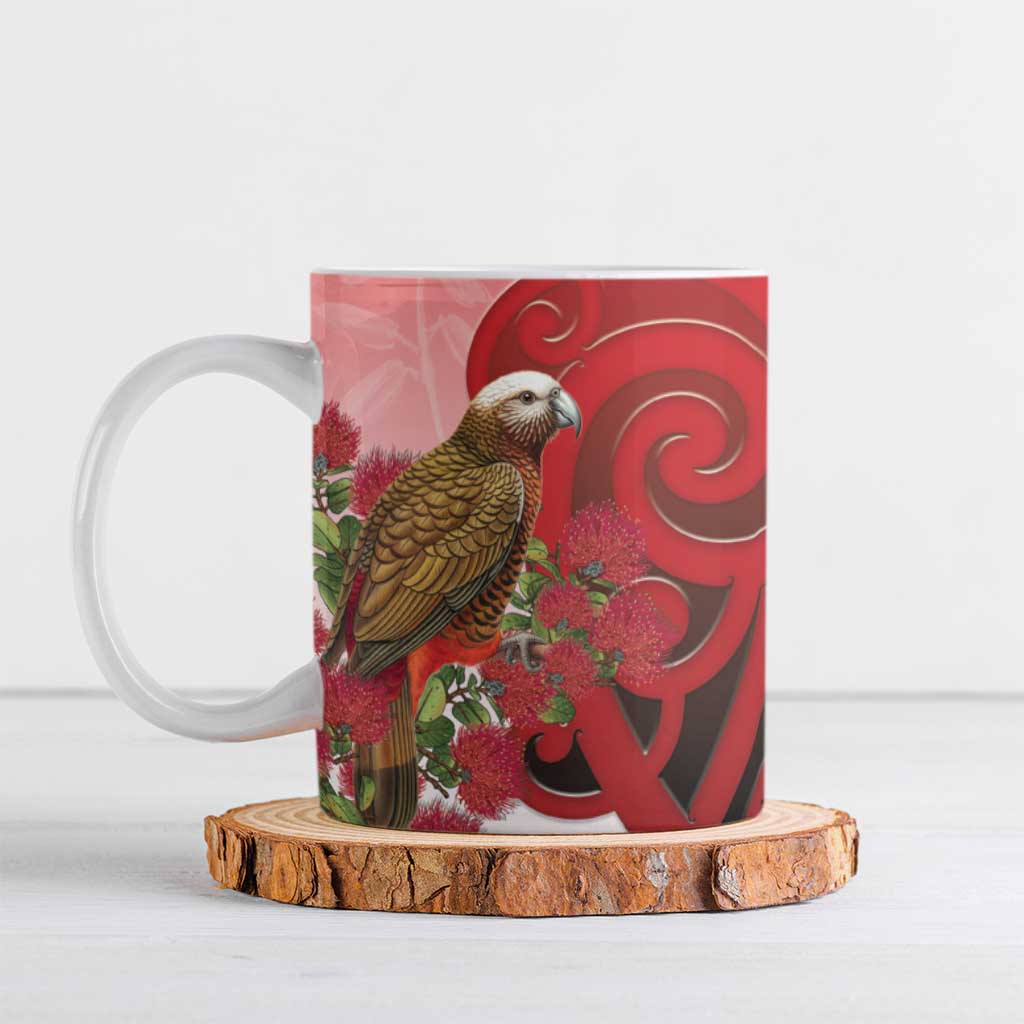New Zealand Parrot Kaka Ceramic Mug Maori Koru With Pohutukawa Flowers - Aussie Hoodie