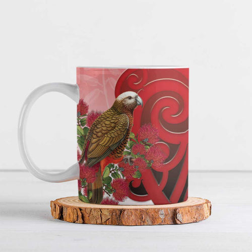 New Zealand Parrot Kaka Ceramic Mug Maori Koru With Pohutukawa Flowers - Aussie Hoodie