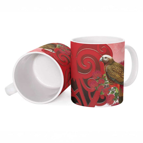 New Zealand Parrot Kaka Ceramic Mug Maori Koru With Pohutukawa Flowers - Aussie Hoodie
