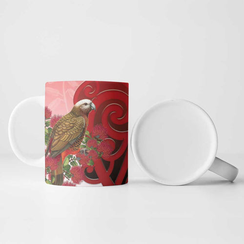 New Zealand Parrot Kaka Ceramic Mug Maori Koru With Pohutukawa Flowers - Aussie Hoodie