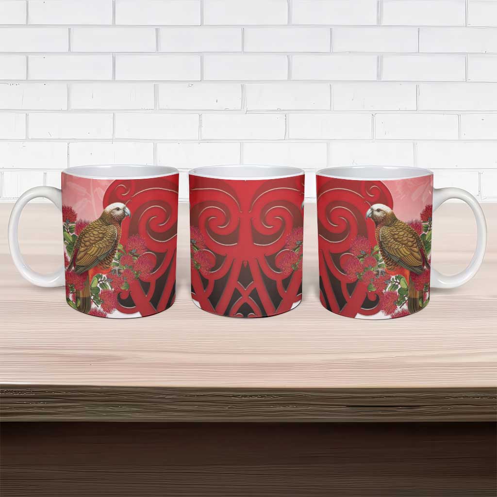 New Zealand Parrot Kaka Ceramic Mug Maori Koru With Pohutukawa Flowers - Aussie Hoodie