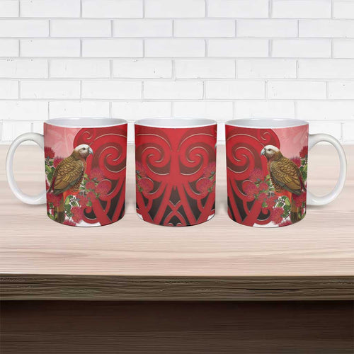New Zealand Parrot Kaka Ceramic Mug Maori Koru With Pohutukawa Flowers - Aussie Hoodie