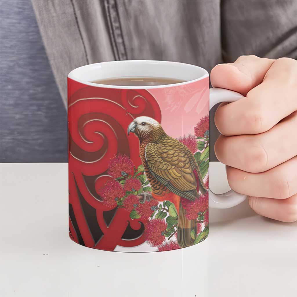 New Zealand Parrot Kaka Ceramic Mug Maori Koru With Pohutukawa Flowers - Aussie Hoodie
