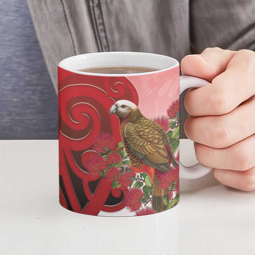 New Zealand Parrot Kaka Ceramic Mug Maori Koru With Pohutukawa Flowers - Aussie Hoodie