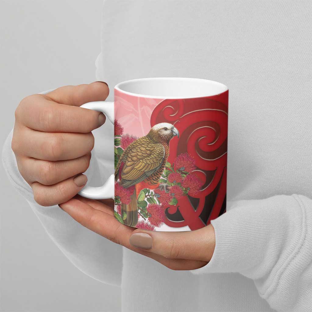 New Zealand Parrot Kaka Ceramic Mug Maori Koru With Pohutukawa Flowers - Aussie Hoodie