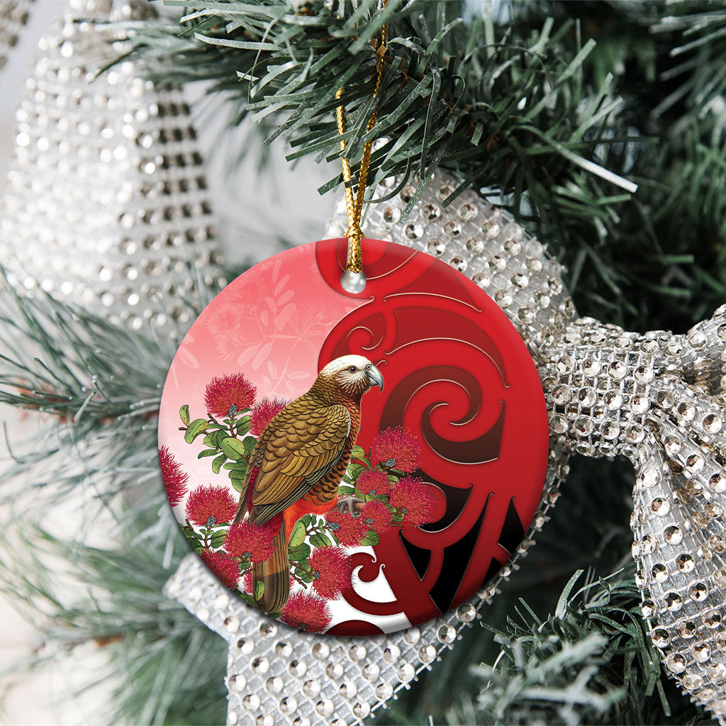 New Zealand Parrot Kaka Ceramic Ornament Maori Koru With Pohutukawa Flowers