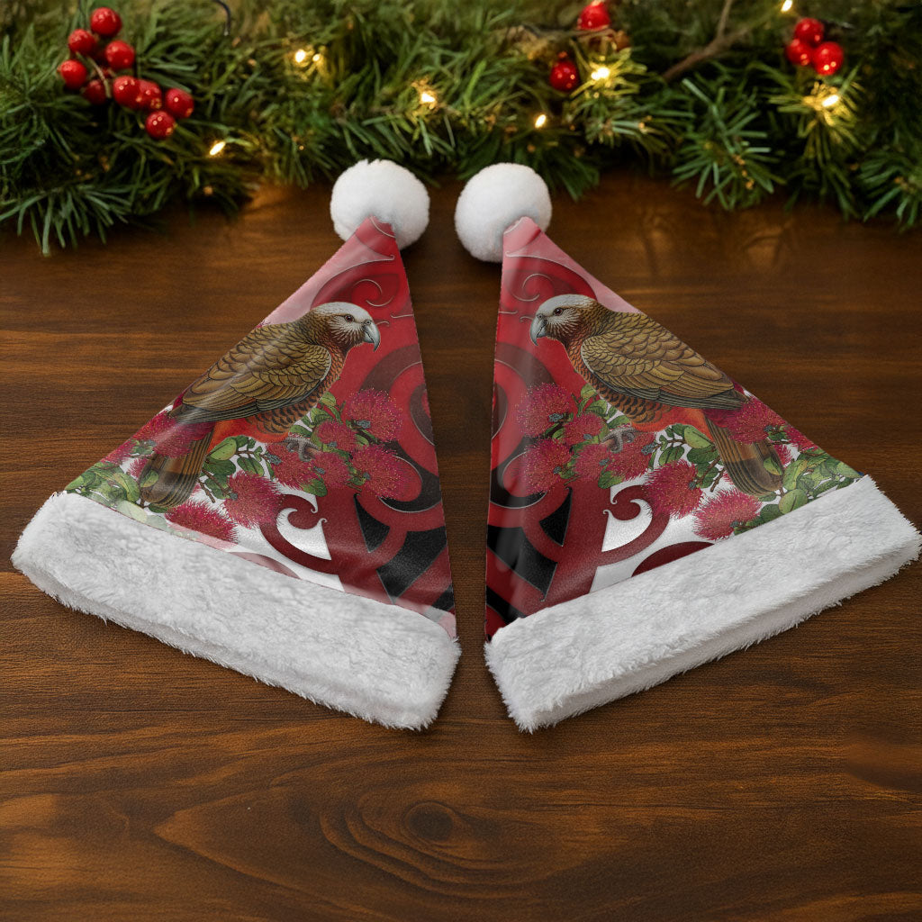 New Zealand Parrot Kaka Christmas Santa Hat Maori Koru With Pohutukawa Flowers