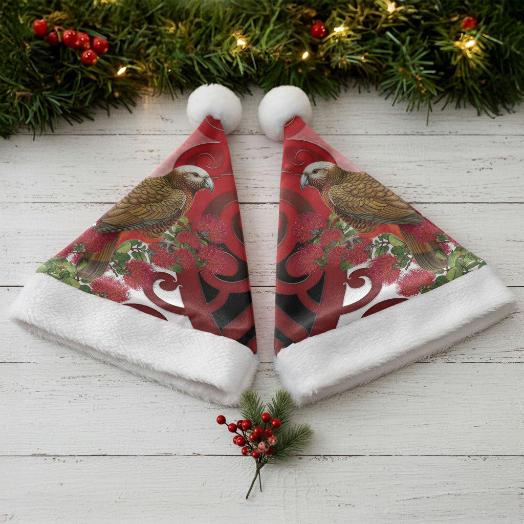 New Zealand Parrot Kaka Christmas Santa Hat Maori Koru With Pohutukawa Flowers