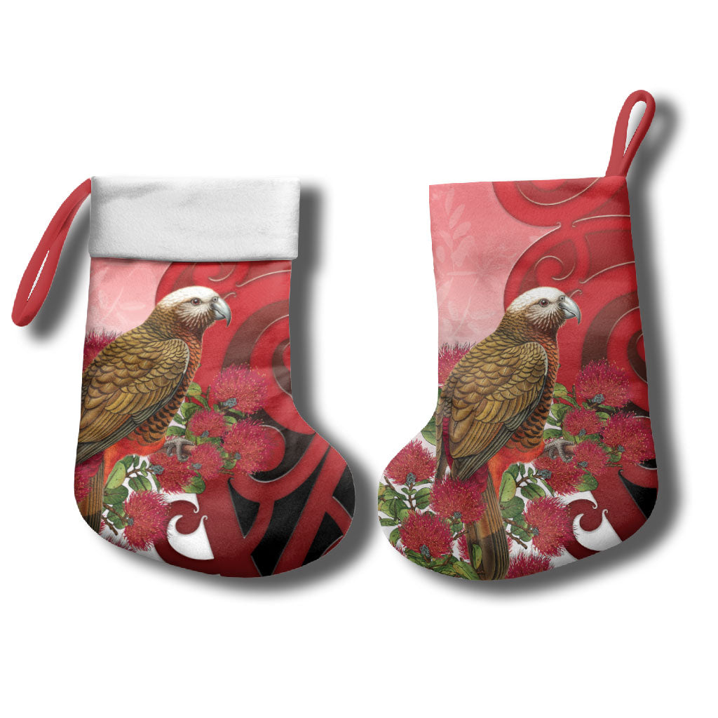 New Zealand Parrot Kaka Christmas Stocking Maori Koru With Pohutukawa Flowers