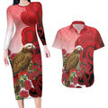 New Zealand Parrot Kaka Couples Matching Long Sleeve Bodycon Dress and Hawaiian Shirt Maori Koru With Pohutukawa Flowers - Aussie Hoodie