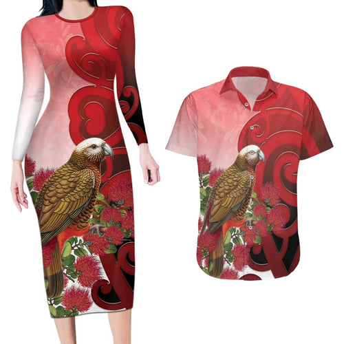 New Zealand Parrot Kaka Couples Matching Long Sleeve Bodycon Dress and Hawaiian Shirt Maori Koru With Pohutukawa Flowers - Aussie Hoodie