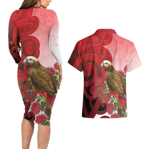 New Zealand Parrot Kaka Couples Matching Long Sleeve Bodycon Dress and Hawaiian Shirt Maori Koru With Pohutukawa Flowers - Aussie Hoodie