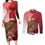 New Zealand Parrot Kaka Couples Matching Long Sleeve Bodycon Dress and Long Sleeve Button Shirt Maori Koru With Pohutukawa Flowers - Aussie Hoodie