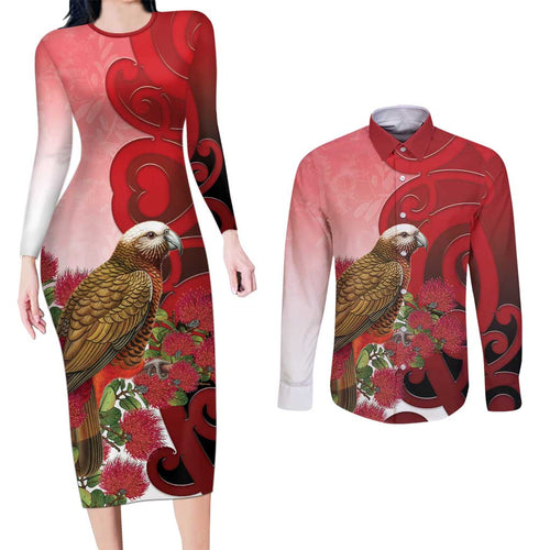 New Zealand Parrot Kaka Couples Matching Long Sleeve Bodycon Dress and Long Sleeve Button Shirt Maori Koru With Pohutukawa Flowers - Aussie Hoodie